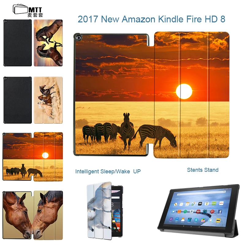 

MTT Print Horse 3-Folder Folio Stand Protective Skin Slim PU Leather Cover Case For Amazon Kindle Fire HD 8 2017 7th Generation
