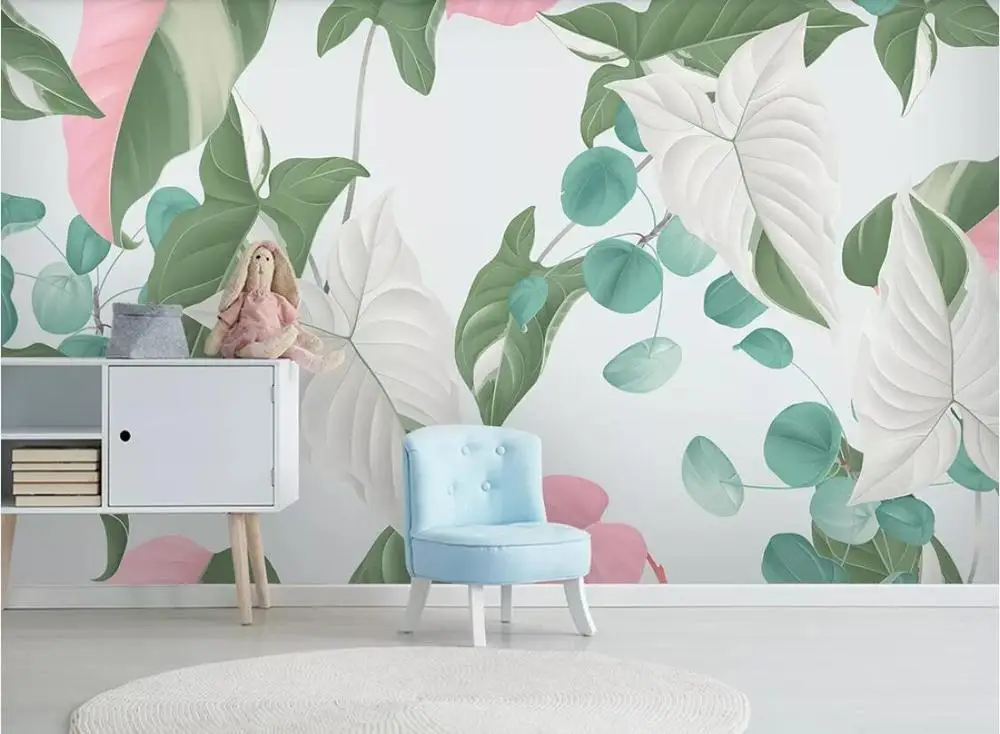

Private custom Nordic hand-painted tropical plants flowers and birds TV sofa living room bedroom background wallpaper mural