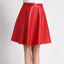 Женские юбки из натуральной кожи длиной до колена, модные офисные женские юбки с высокой талией, Женская плиссированная юбка с поясом, облегающие, черные, красные, Saia 3XL