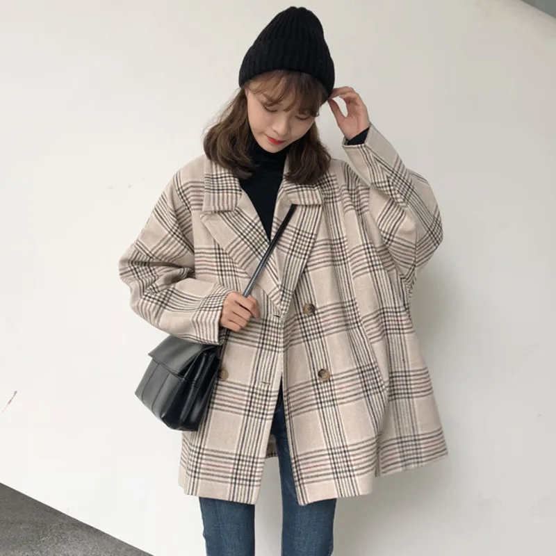 

[EWQ] 2019 Autumn New Winter Thick Double-breasted Plaid Jacket Long-sleeved Casual Women Jacket Large Size Coat Feminino QJ980