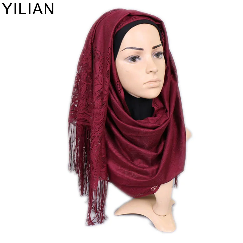 

YILIAN Brand Women's Hijab Elegant Stylish Solid Color Hollow Out Design Tassel Decor Accessory Lace Scarf for Muslim Women