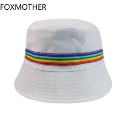 FOXMOTHER New Women Bucket Hats Black White Solid Color Rainbow Fisherman Hats 2019 New FOXMOTHER New Women Bucket Hats Black White Solid Color Rainbow Fisherman Hats 2019 New