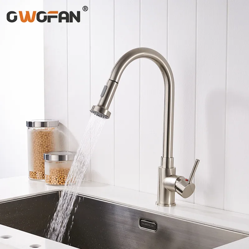 

Modern Kitchen Faucet Pull Out 360 Swivel Spout 2 Modes Water Mixer Tap Nickle Finish Deck Mounted Single Sink FaucetN22-003
