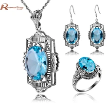 Turkse Vintage Sieraden Sets Sculptuur Sky Blue Rhinestone Hanger & Oorbellen Ring Crystal 925 Zilveren Vrouwen Jurk Sets Bijoux