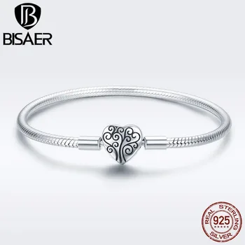 

BISAER Authentic 925 Sterling Silver Tree Of Life Pave Heart Clasp Snake Chain Bracelet for Women 925 Silver Jewelry S925 GXB066