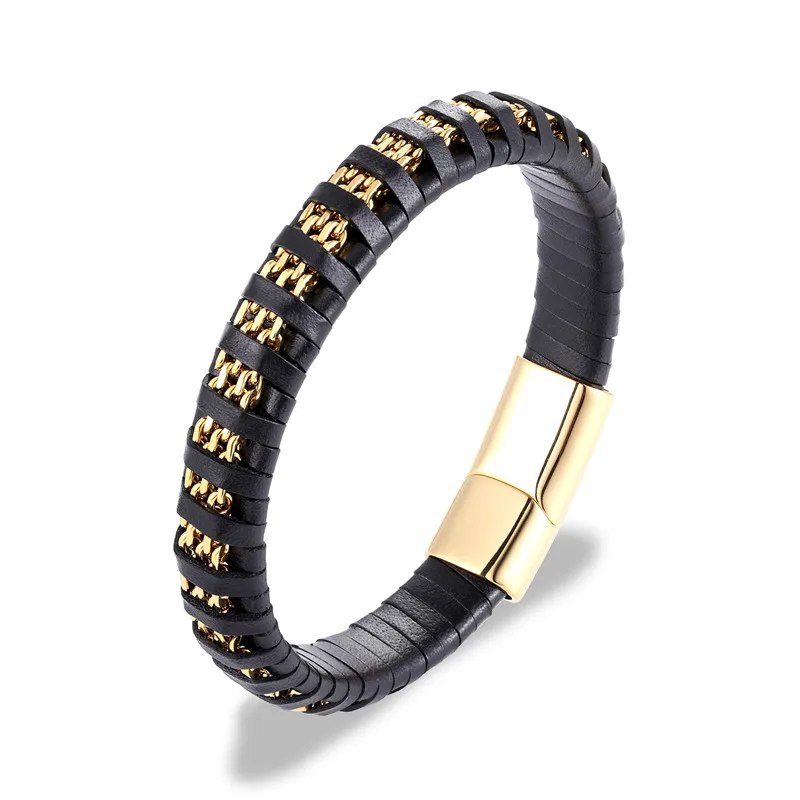 Модный черный плетеный браслет из натуральной кожи, Мужская цепочка, браслеты с магнитной застежкой из нержавеющей стали, мужские ювелирные изделия, подарки, браслеты