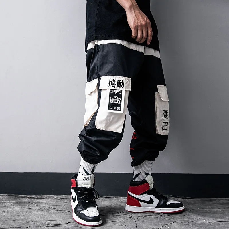 Hip Hop Cargo Pants Men Patchwork Pocket Trousers Elastic Waist Fahsion Harajuku Streetwear Joggers Male Pant US Size GY15
