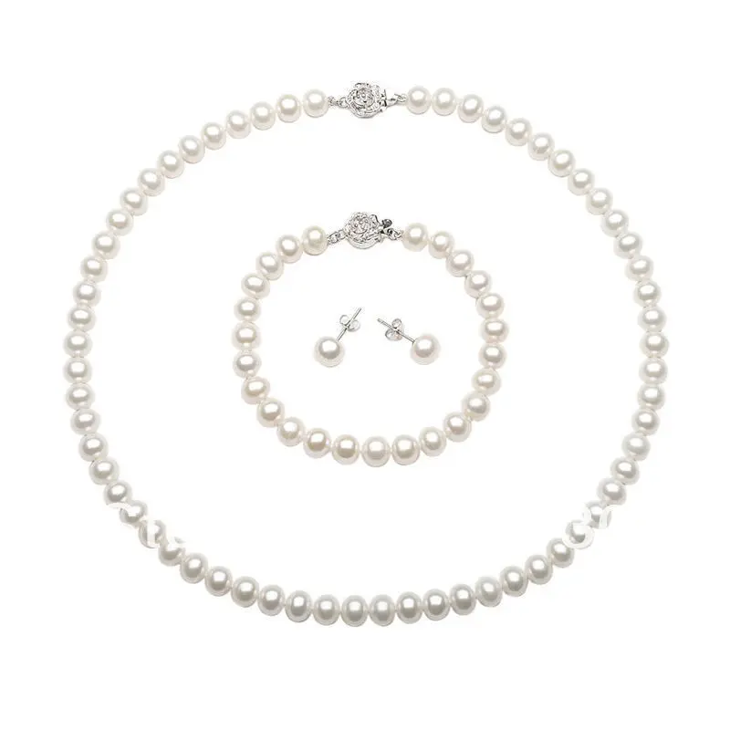 

Jewelry 00584 natural AAA+ white pearl necklace&bracelet&earrings sets 925 clasp 5.4