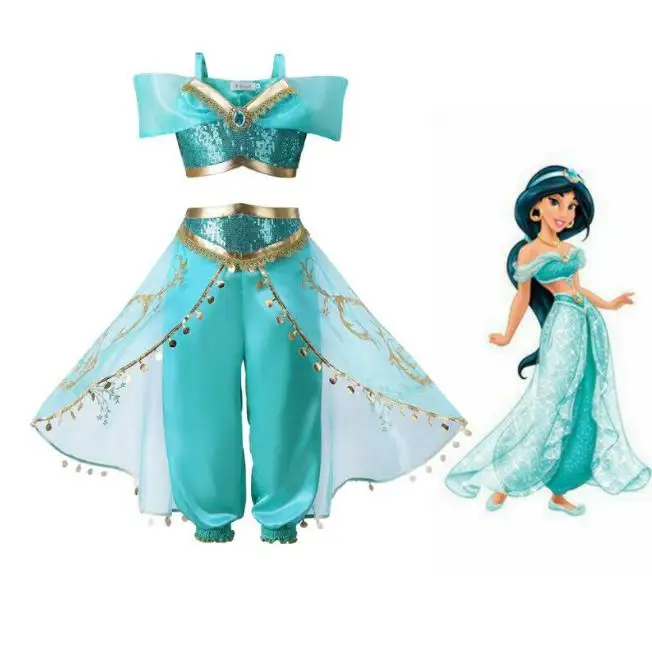 

Kids Aladdin Costume Princess Jasmine Cosplay Outfit Girls Suit Pant Fancy Dress Top + Pants Dress Costumes Set