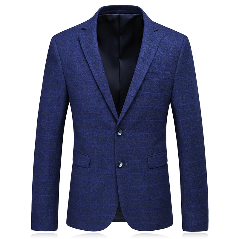 Navy Check Two Button Men Blazer Slim Fit 2018 Autumn New Blue Plaid