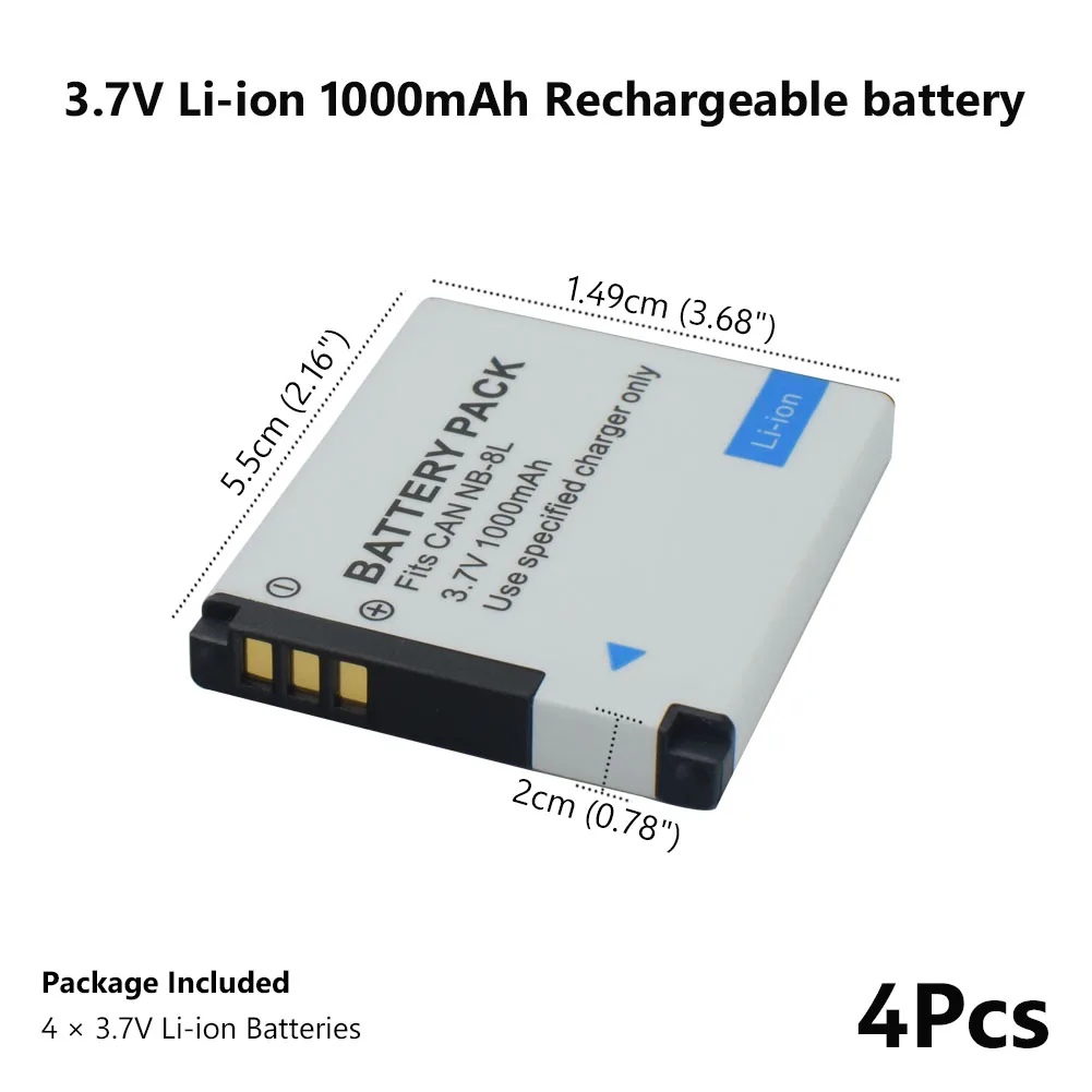 Перезаряжаемые 3,7 V 1000mAh Цифровые Батареи SLR NB-8L литиевая батарея A3300 A3200 IS A1200 A3000 для камеры Canon - Цвет: 4PCS