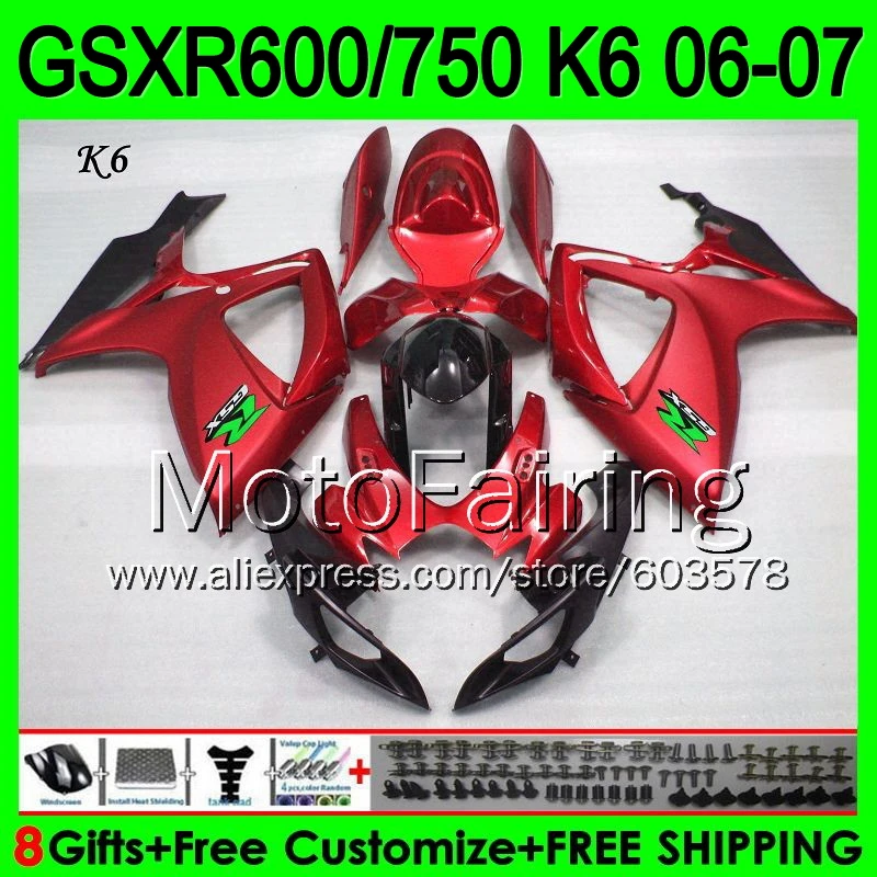 8 подарки + Капот Темно-красный черный Для SUZUKI K6 GSXR600 06 07 2006 2007 GSX-R600 Gloss красный L3681 GSX-R-600 GSX-R 600 06-07 HOT Обтекателя