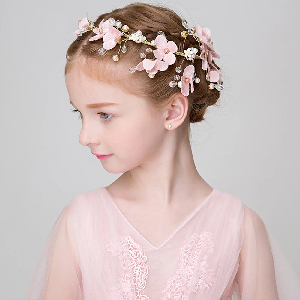 

Girls Princess Pink Headband Fabric Flower Hair Ornament Beaded Headpiece for Party Prom Hairwear Flower Girl Headdress Handmade