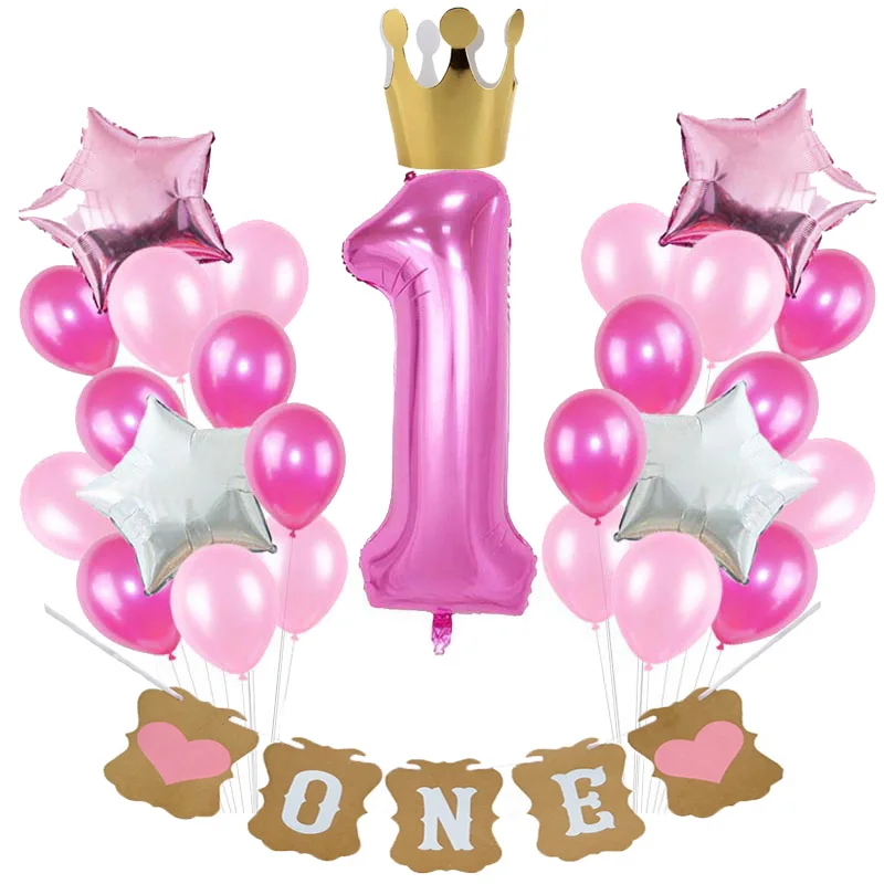 

Baby Girl 1st Birthday Balloons I AM ONE Paper Banner Pink Foil Balloon First Year Happy Birthday Flags Baby Shower Party Decor