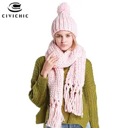 Civichic 7 цветов Высокое качество ручной работы шарф шляпа из двух частей комплект вязаный крючком кисточкой твист длинные теплая шаль Chic