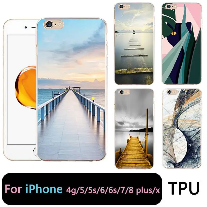 QMSWEI TPU прозрачный телефон чехол для iPhone 6G 6s 7 8 plus x мягкий мост кошка небо море CuteCover