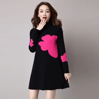 

Autumn Winter new knitting Sweater Dress Women Casual Loose Large size Dress Female Fashion Long sleeve Turtleneck Print Dress