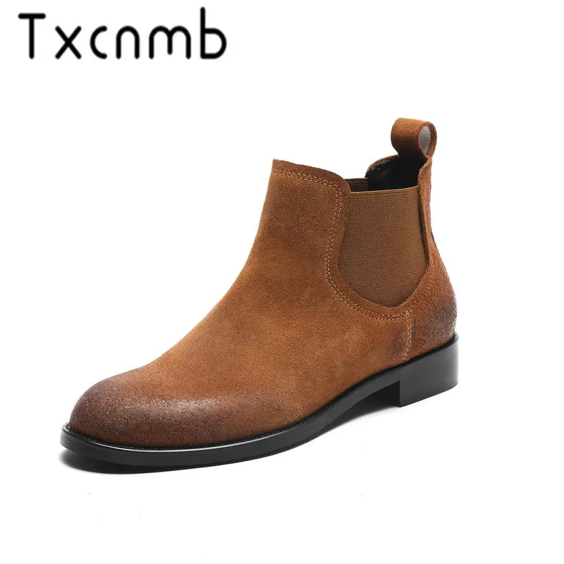

TXCNMB New Genuine Leather Casual Shoes Woman Platform Slip-on Low Heel Outsole Black Ankle Boots for Woman Size 42 43 44