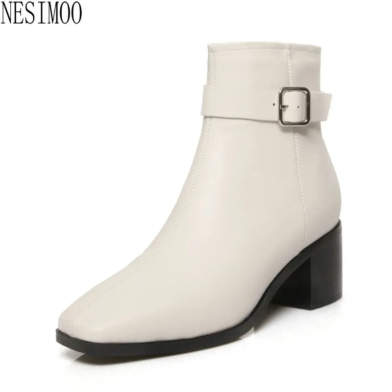 

NESIMOO 2019 Fashion Women Ankle Boots Simple Fashion Square Med Heel Square Toe Zipper All Match Solid Ladies Shoes Size 34-43