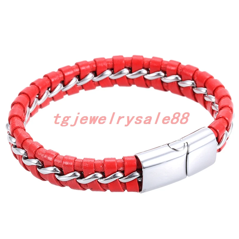 12mm Wide Enthusiasm Red Color Leather Biker Men's Chain Bracelet Fashion Stainless Steel