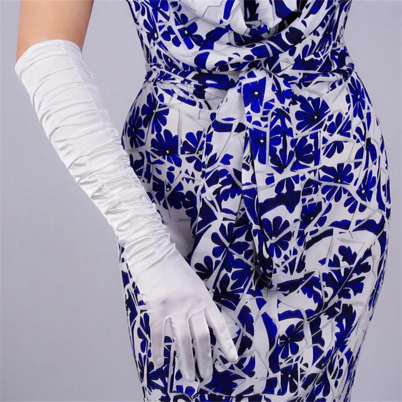 Satin Silk Gloves Pleated Elastic Silk Pearlescent Satin Red Long Elbow Female Vestido De Novia Woman's Gloves 38cm 50cm TB110