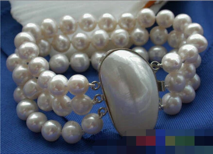 

free shipping 01124 3ROW 8" ROUND WHITE CULTURED PEARL BRACELET