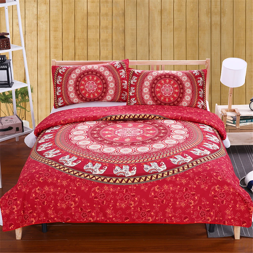 

Custom Made 3Pcs Bed in a Bag Bedding Set Queen Elephant Print Duvet Cover Set USA And Au Size Mandala Pattern Red Bedspread