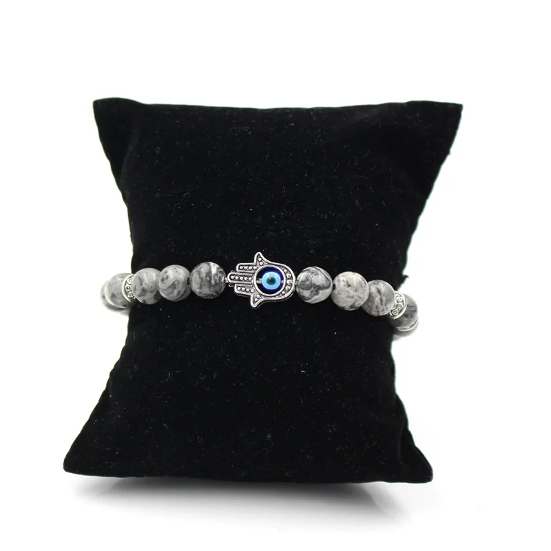 Antique Silver Color Hand of Fatima Hamsa Charm Bracelet Mala Marble Stone Bead Evil Eye Elastic Bracelet for Men & Women Gift 6