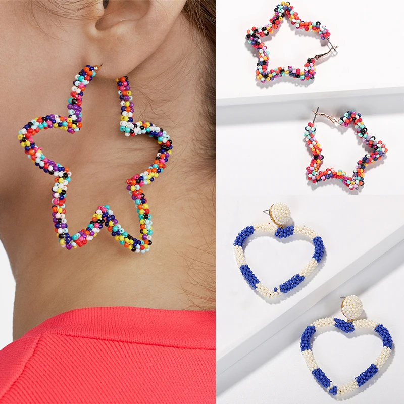 

Ladyfirsy New Statement BA Fashion Women Star Earrings Hoop Multi Color Bohemian Beaded Earrings for Wedding Jewelry Party Gifts