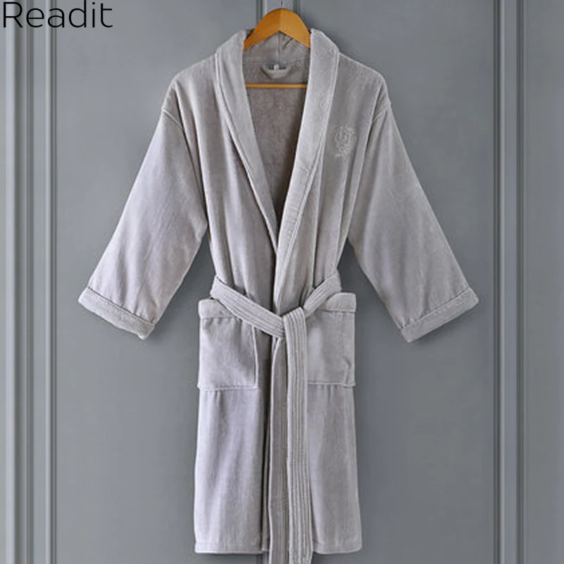 Readit Men Women 100% Cotton Terry Bathrobe Lovers Solid Towel Sleepwear Long Bath Robe Kimono Femme Dressing Gown PA2961 |
