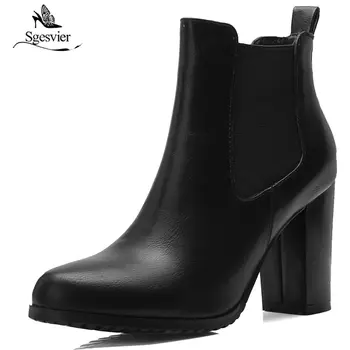 

Sgesvier New winter Elastic boots women round toe Slip On suede leather high heels shoes woman square heel ankle boots OX614
