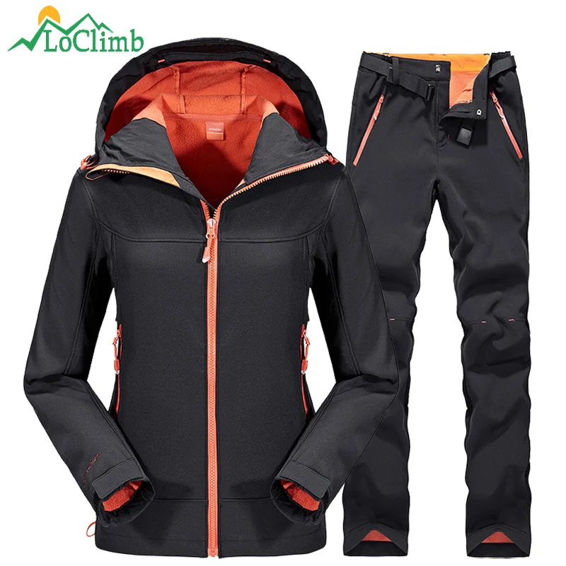 LoClimb Waterproof Softshell Ski Jacket Men Women Winter Fleece Outdoor Sports Pants Trekking Fishing Hiking Jackets Suit AM092
