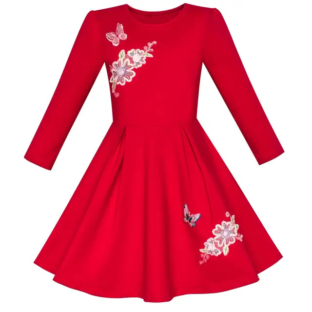 Buy Girls Dress Red Long Sleeve Embroidered Holiday