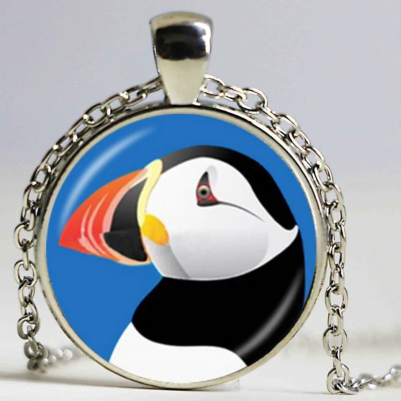 

Cute Puffin Photo Necklace Black and White Nautical Bird Pendant Animal Jewelry Glass Cabochon Charm Neckless Sweater Accessory