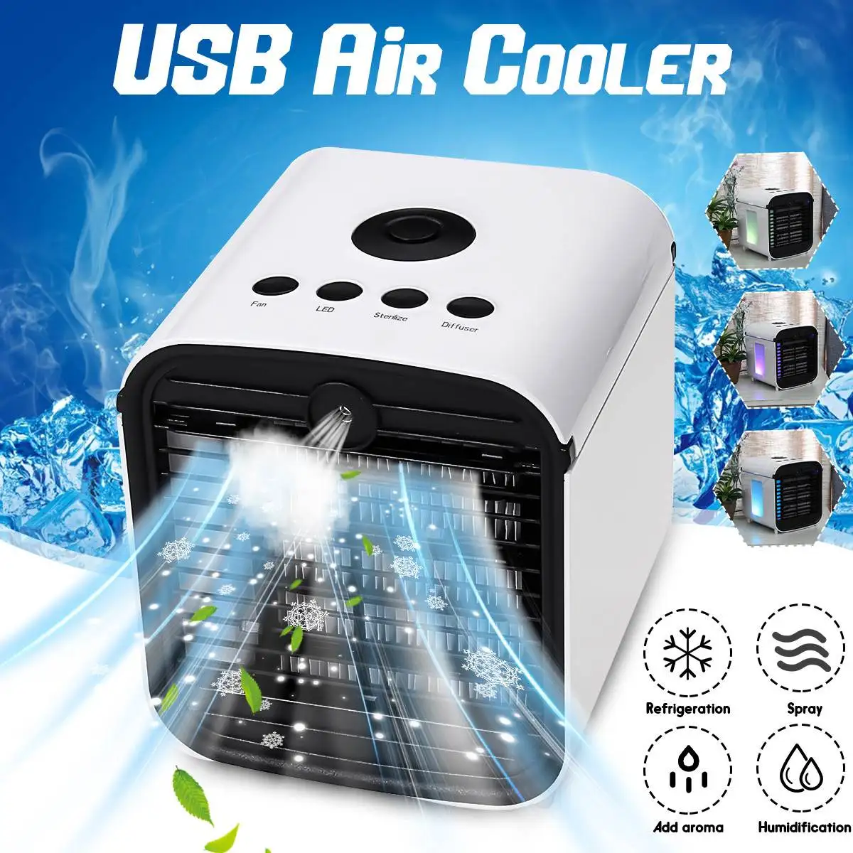 

Mini Air Cooler LED Colorful Cooling Fan Evaporative Conditioner Humidifier Home White ABS USB Cable Charge 16.5x16.5x19cm