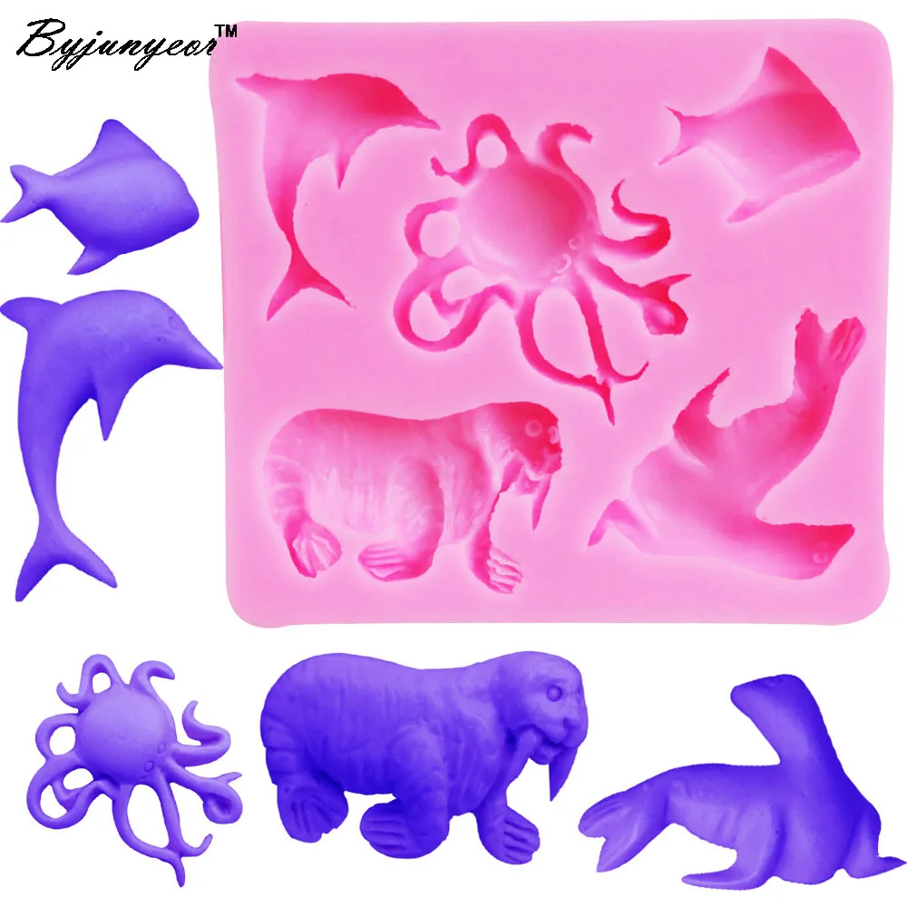 

Byjunyeor M388 Marine Animals Dolphin Octopus Sea Lion Walrus Fondant Chocolate Mould Square Silicone Mold for Cake 8.5*7.9*1cm