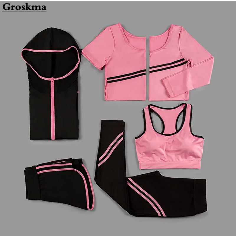 

High quality women 6 pieces sets coat+tshirt+long sleeve t shirt+bra+shorts+pants outdoor sports running yoga clothing fitness