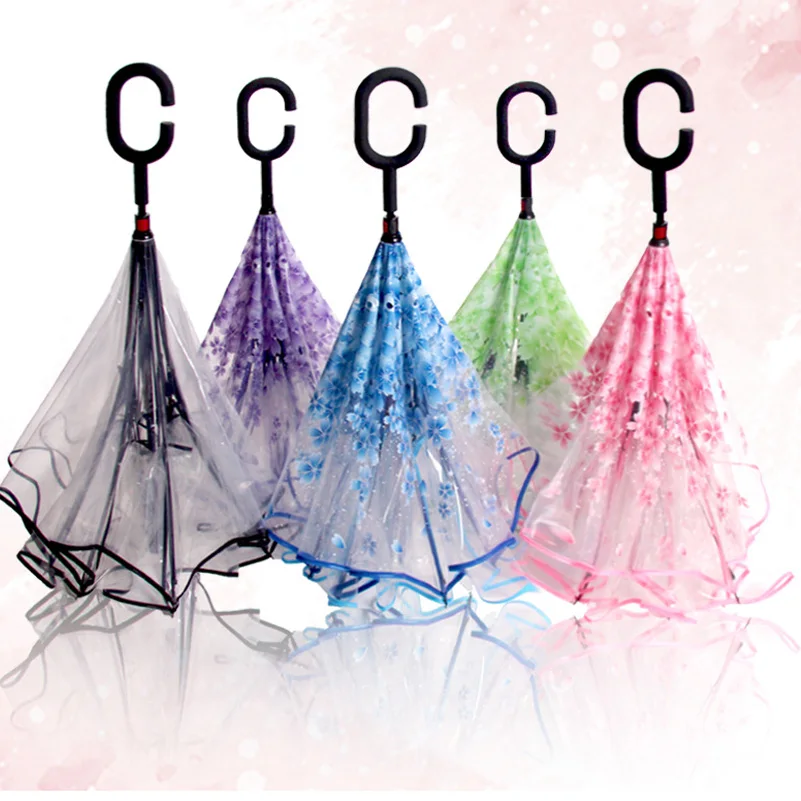 

Reverse Clear Transparent Umbrella Rain Women Double Layer C-hook Umbrellas Cherry Blossom Mushroom Apollo Princess