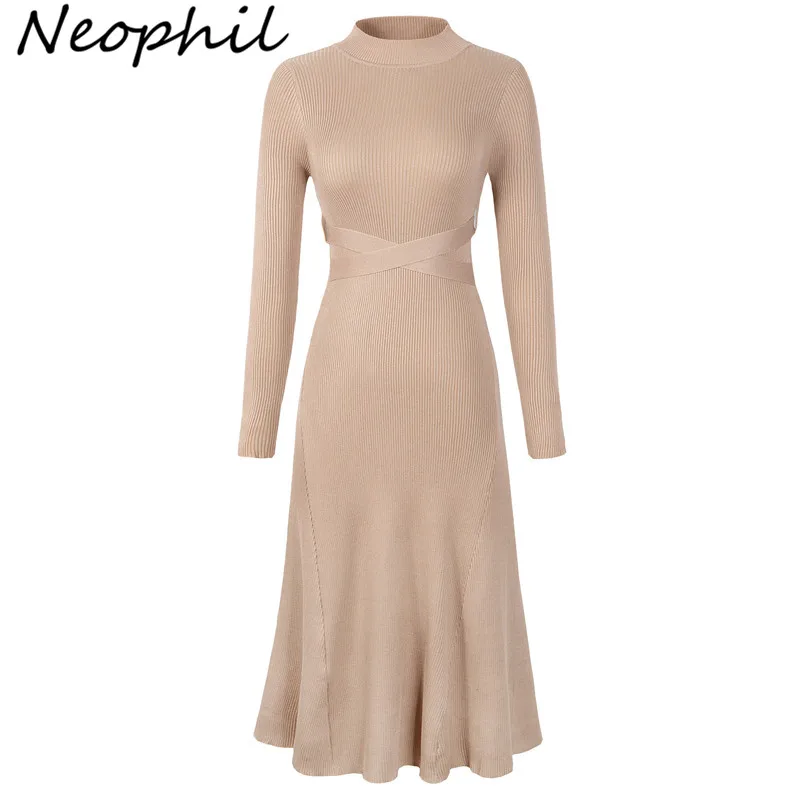 Achat Neophil 2019 femmes hiver tricoté une ligne robes Midi O cou arc ceintures à manches longues Slim Vintage dames robes élégantes D2910