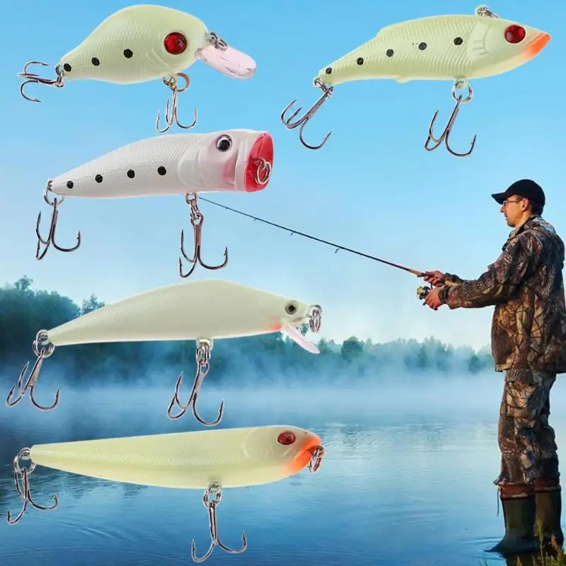 

5pcs/set Night Fishing Lure Hooks Kit Crankbait Minnow Luminous Artificial Bait With Box 5 Connectors Fishing Tackle Accessories