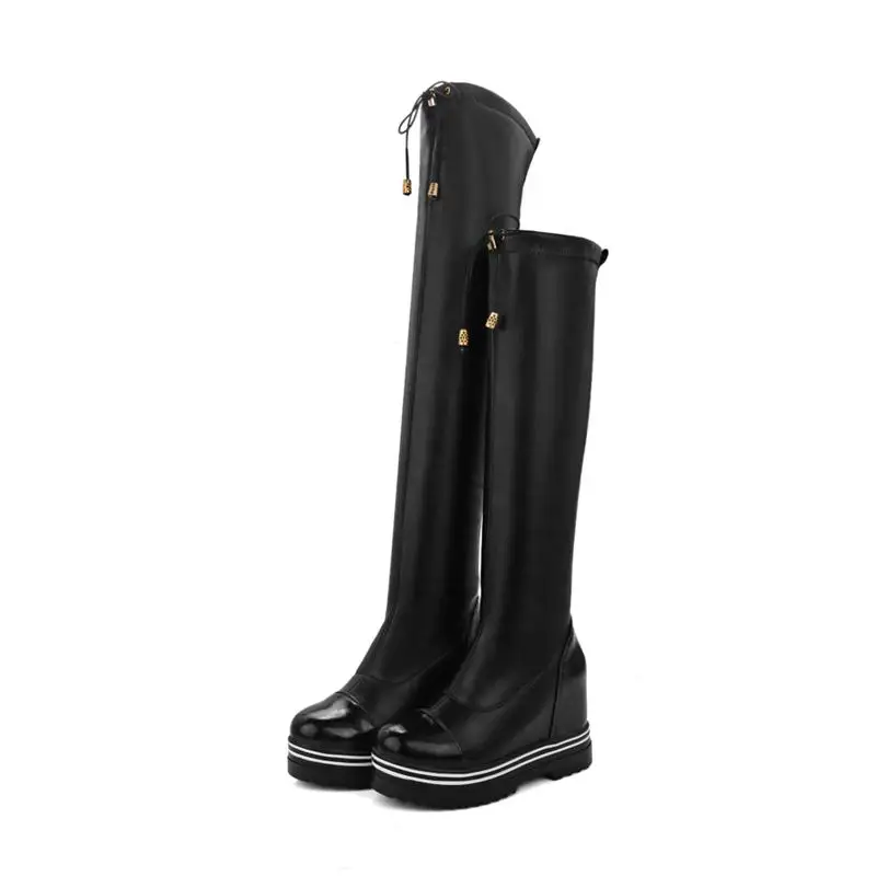 Femmes forme Sur Morazora Souple De Bottes 2 43 Longues En Taille Genou Printemps white Le black Grande Automne Plate blanc Cuir 34 Mode Pu 2 Noir 0ddqX