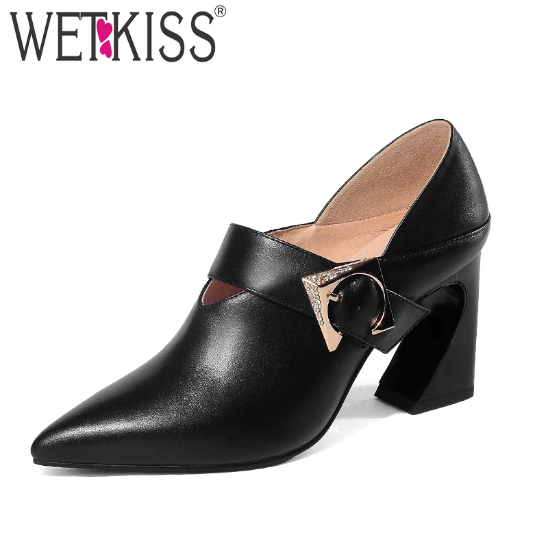 

WETKISS 2019 High Heels Pumps Women Cover Instep Pointed Toe Autumn Footwear Crystal Leather Shoes Fashion Mules Female Shoes