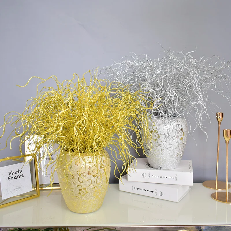 Flores brillantes de plata dorada ramas de flores secas artificiales hierba dorada fiesta de boda flor de Navidad para decoración del hogar
