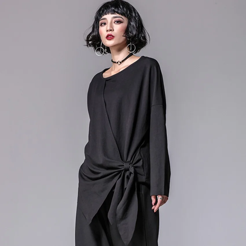 

ASYMSAY 2018 Spring New Women Asymmetrical Long Sleeve T Shirt Female Fashion Clothing Black O-neck Loose Tshirt Tops AL1205