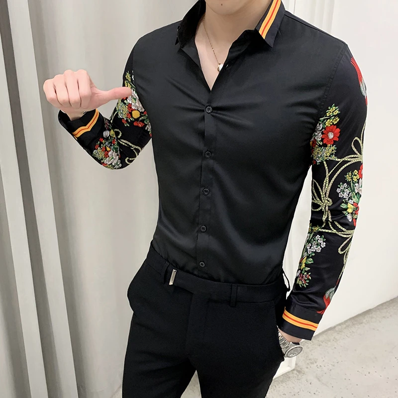 

2019 New Fashion Print Shirt Men Brand Slim Fit Casual Dress Shirts Mens Long Sleeve Shirts Men Clothes