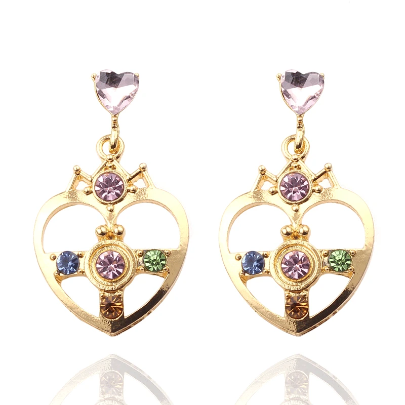 

Cute Gold Color With Colorful Crystal Heart Shap Sailor Moon Stud Earrings Anime Earrings For Cosplay Kids Girls Free shipping