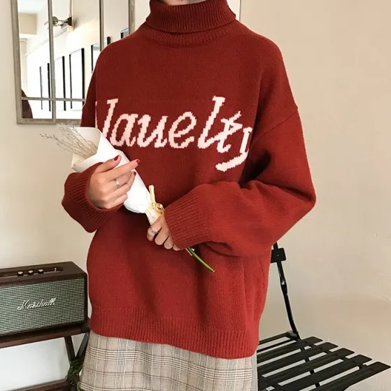 

Oversized Sweater Women New AutumnTurtleneck Letter Pullover Basic Temperament Sweaters Female Casual Loose Tops