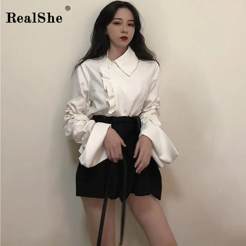 

RealShe 2019 Elegant Women Tops And Blouse Ladies Long Sleeve Shirts Womens Elastic Waist Shorts Summer Casual Shorts Mujer