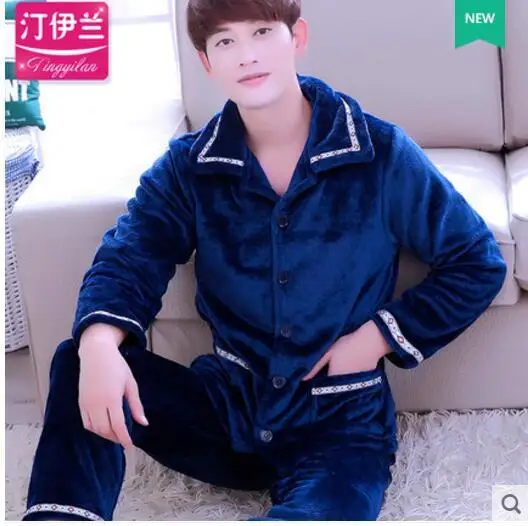 Winter Pajamas Men Thick Coral Fleece Man Pajamas Sets O-Neck Long Sleeve Pyjamas For Men Sleepwear Warm Pajamas Male Homewear - Цвет: Picture color