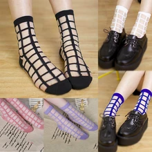 COCOTEKK 2 Pairs lot Women Summer Novelty Transparent grid socks Glass Crystal Silk Cool Mesh Knit